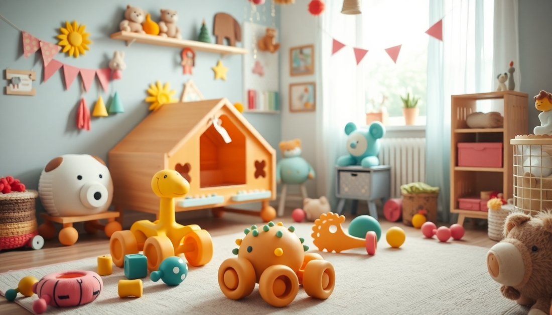 Colorful playroom filled with eco-friendly baby toys for safe and fun learning experiences
