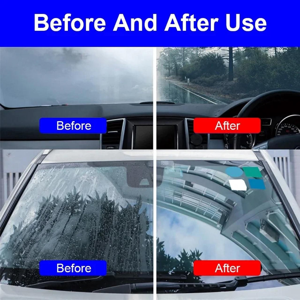 Comparison image showing before and after use of automotive glass cleaner on a car windshield