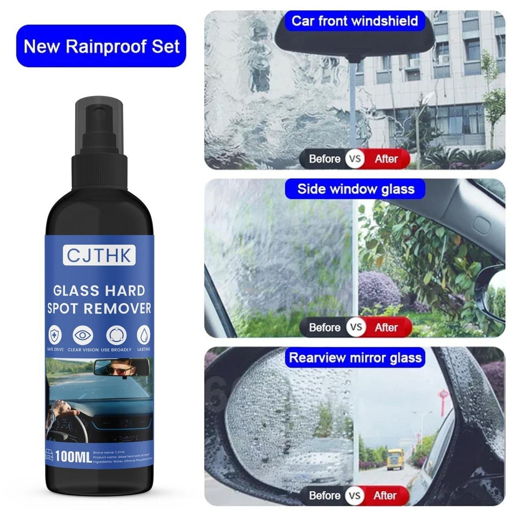 CJTHK Glass Hard Spot Remover for Automotive Glass Cleaner with before and after results on windows and mirrors