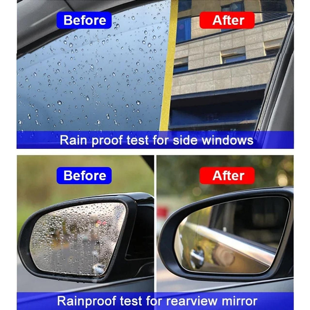 Before and after images showing the effectiveness of automotive glass cleaner on side windows and rearview mirrors