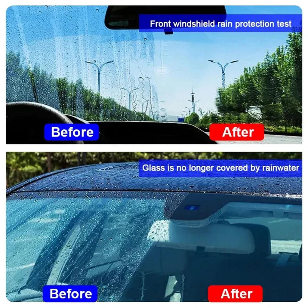 Automotive glass cleaner before and after showcasing windshield rain protection results