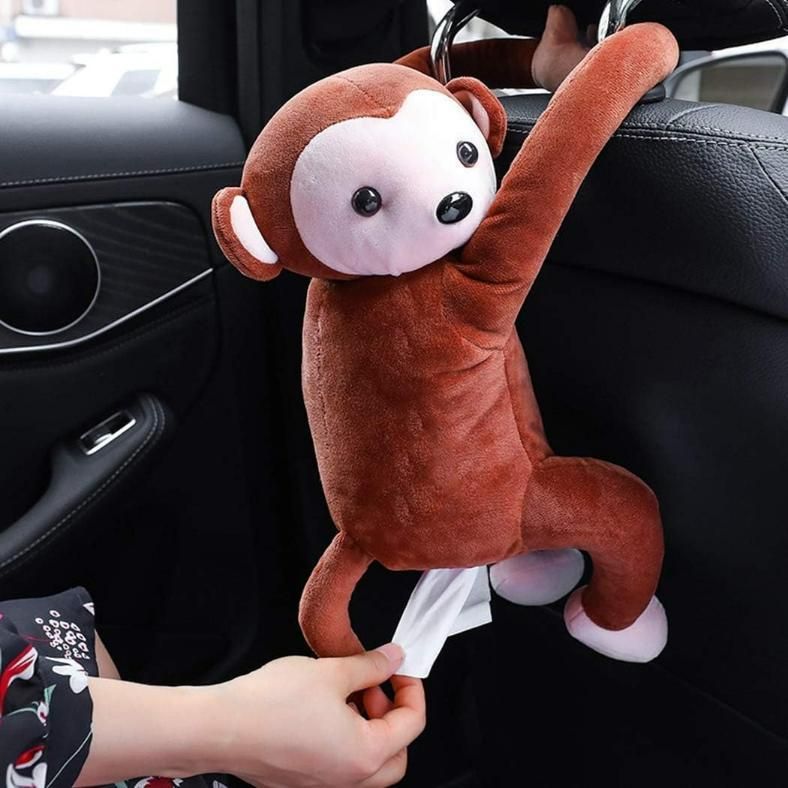 Adorable monkey plush cute car tissue holder hanging from a car seat for easy tissue access