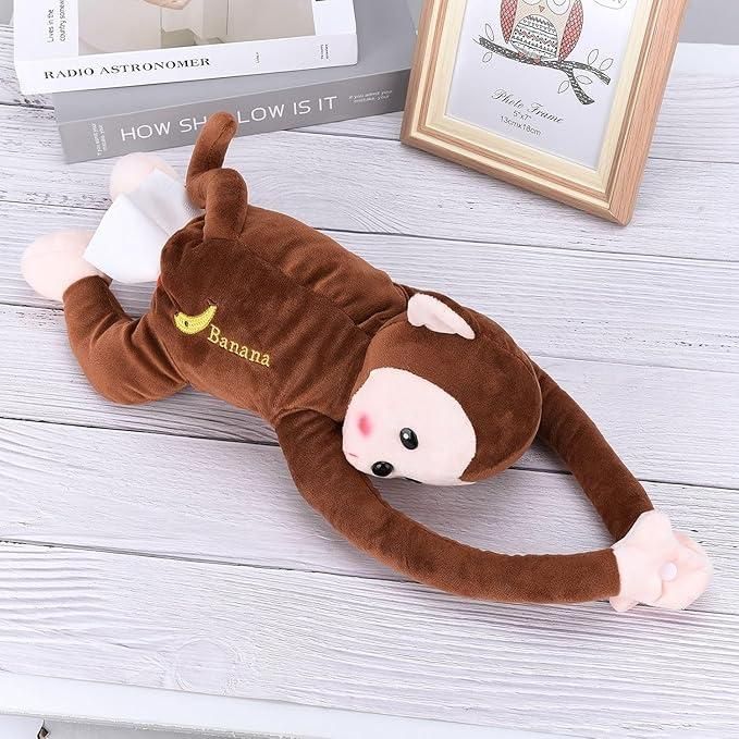 Cute car tissue holder designed as a monkey plush toy for adorable and convenient tissue access